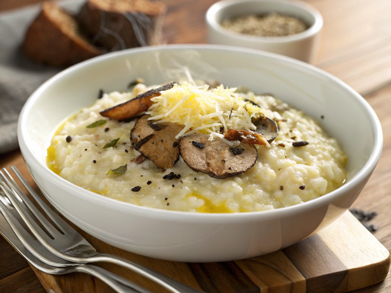 Creamy risotto topped with fresh shaved black truffles