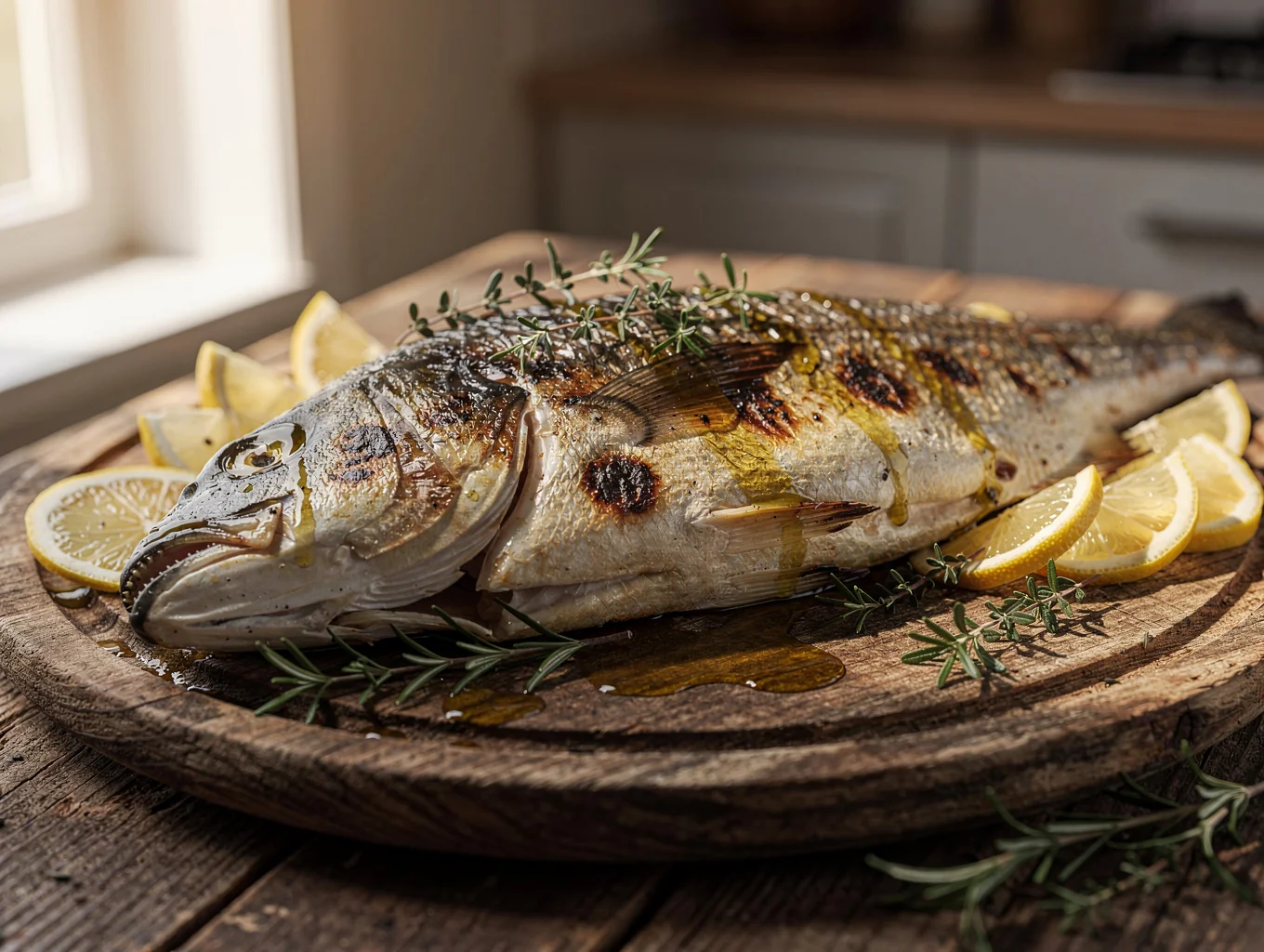 Roasted whole branzino served with grilled lemon and herbs