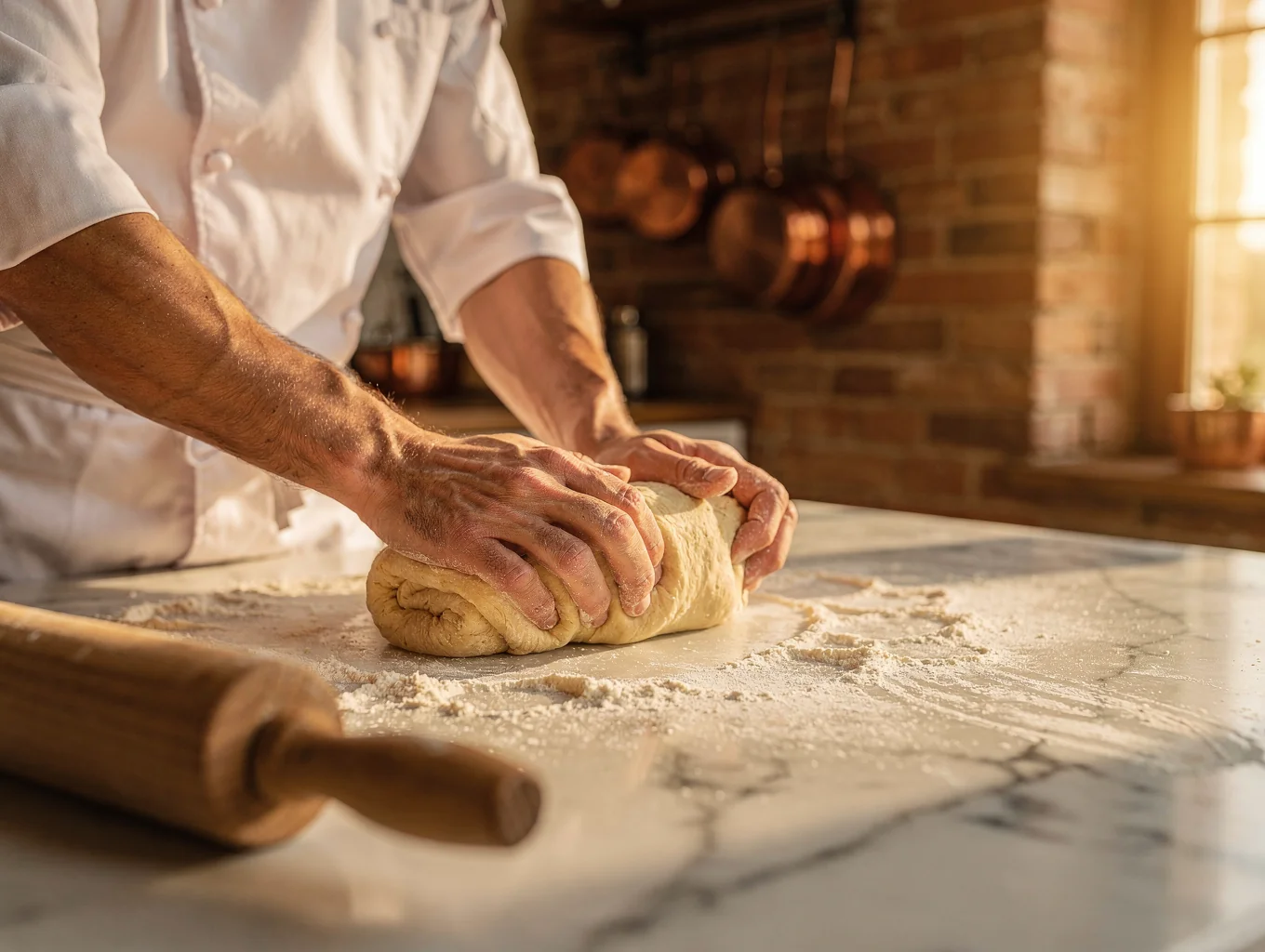 Artisanal pasta preparation on a marble countertop at CUCINA
