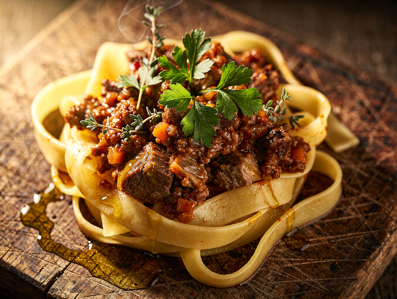 Plated hand-cut pappardelle with slow-braised wild boar ragù
